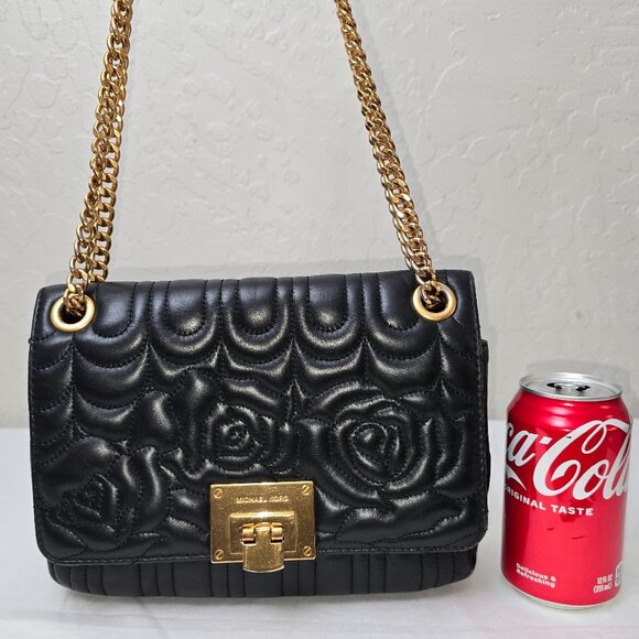 Michael Kors Vivianne Black Floral Quilted Leather Gold Chain Strap Shoulder Bag - Picture 2 of 12